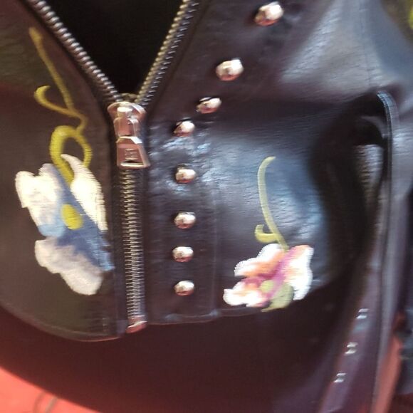 Leather Floral/accented Faux leather Moto Jacket sz L 8-10 XXL 14-16 - Picture 9 of 16